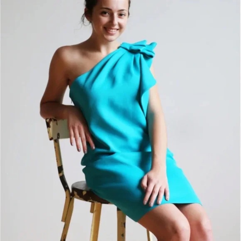 Halston Heritage Blue green One Shoulder Sheath Dress